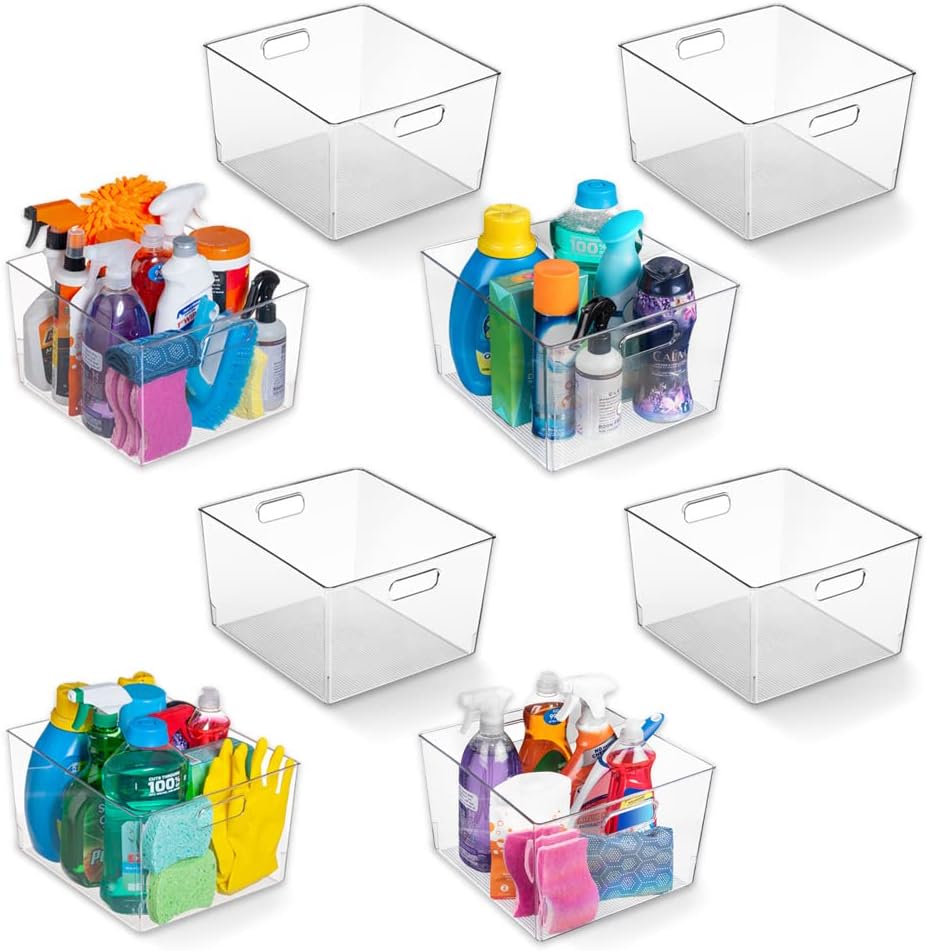 Clear storage bins with colorful items on a white background