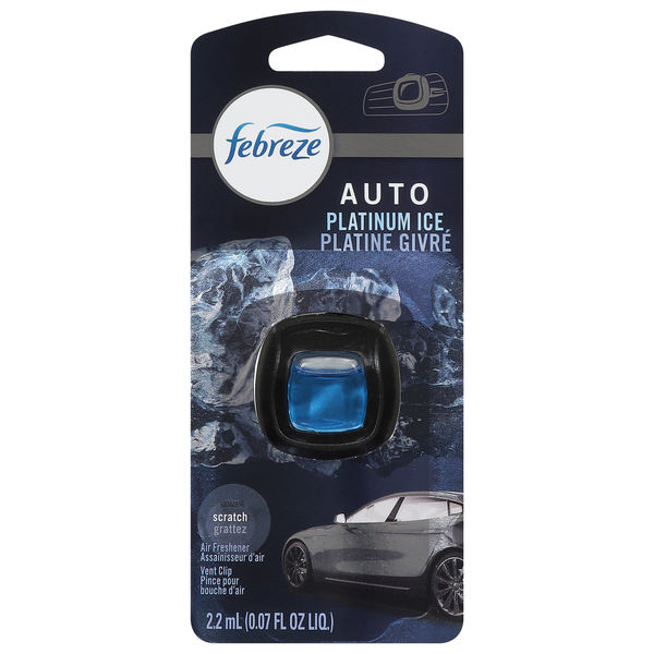 Febreze Auto air freshener packaging with platinum ice scent on a white background