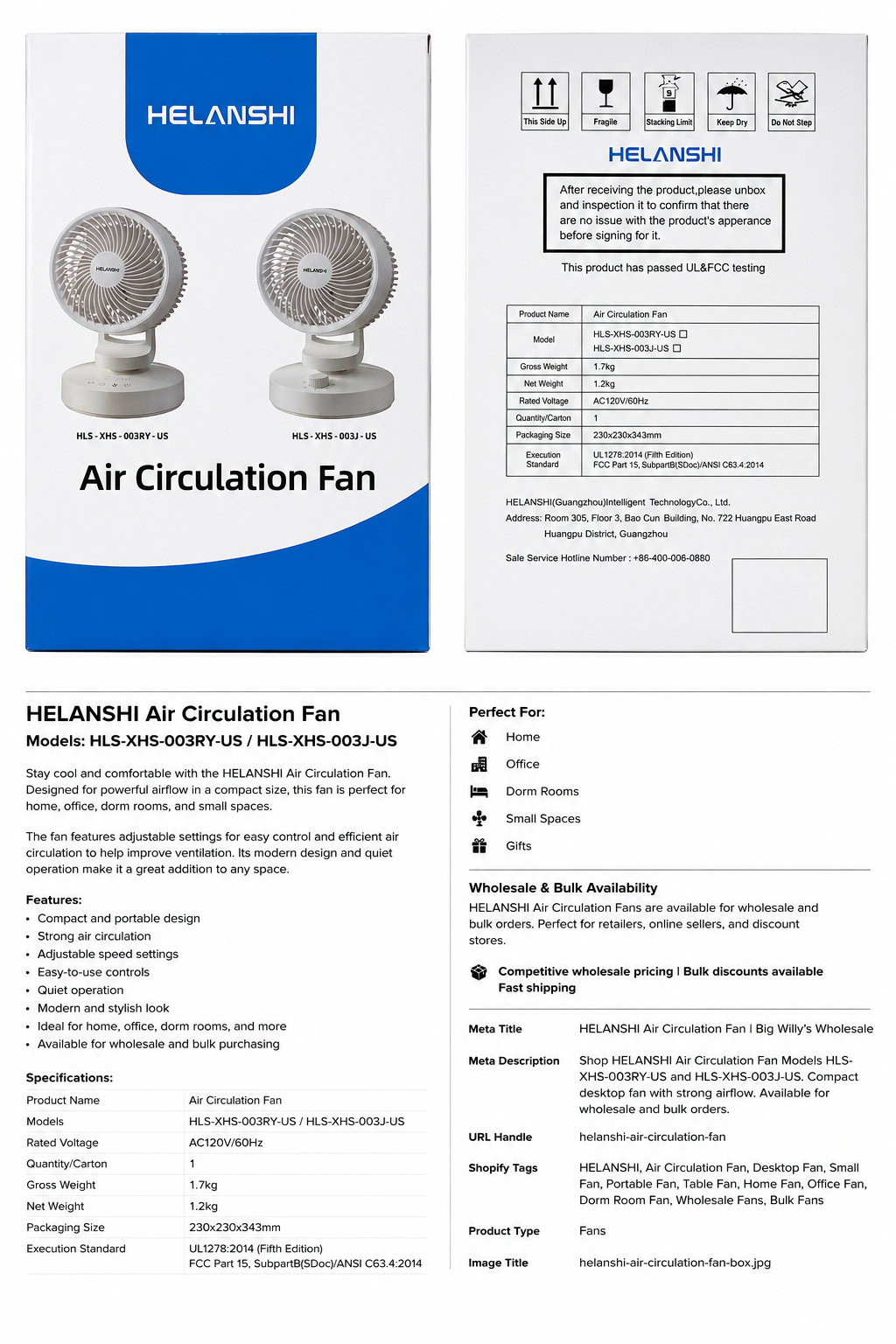 HELANSHI Air Circulation Fan – Compact Desktop Table Fan