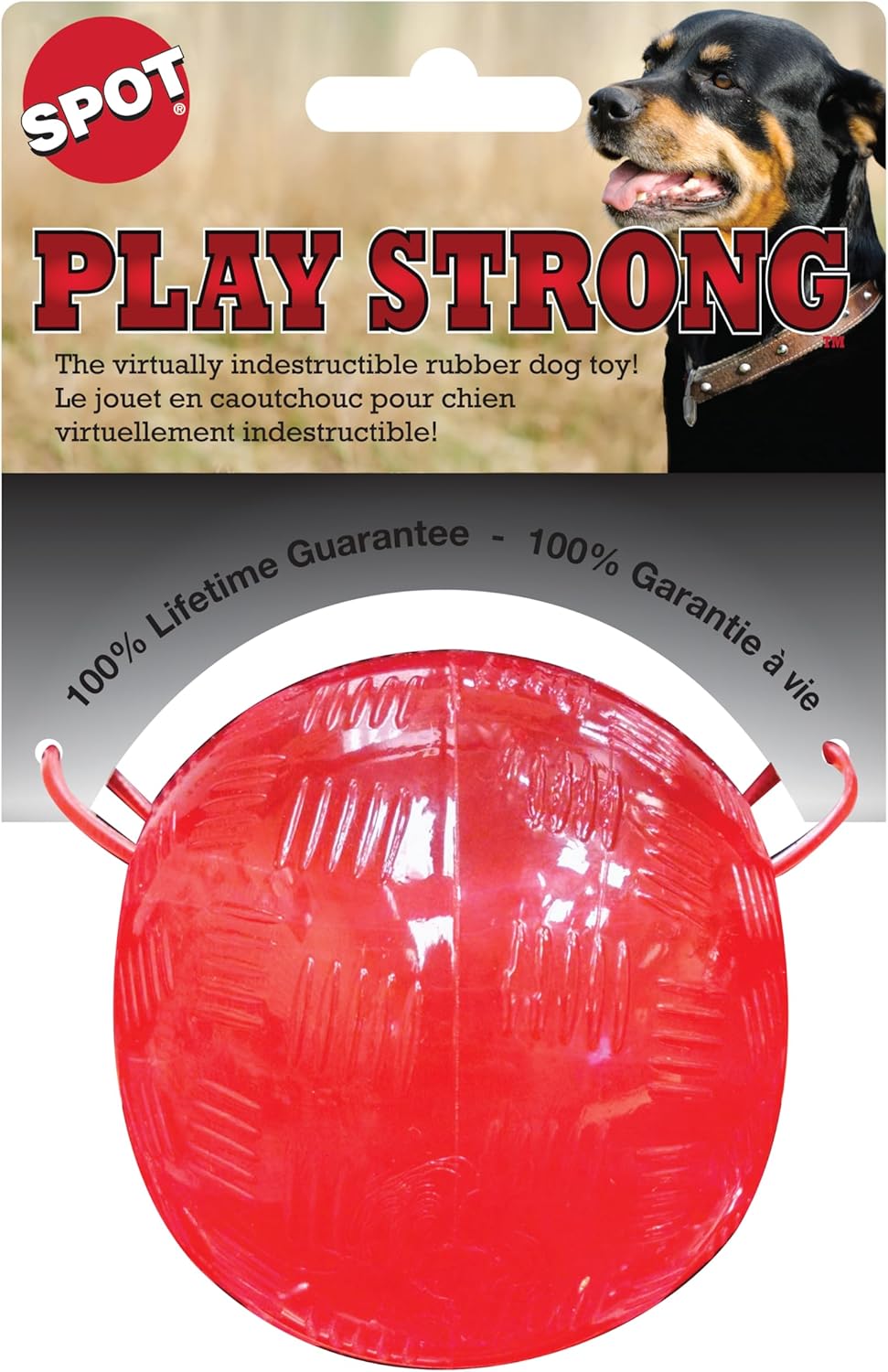 Red rubber dog toy with white handle on Spot packaging