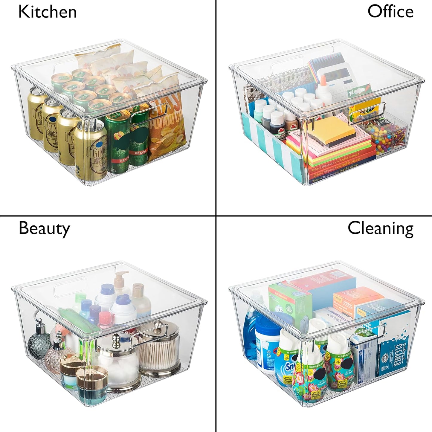 Clear storage bins labeled for kitchen, office, beauty, and cleaning with various items inside.