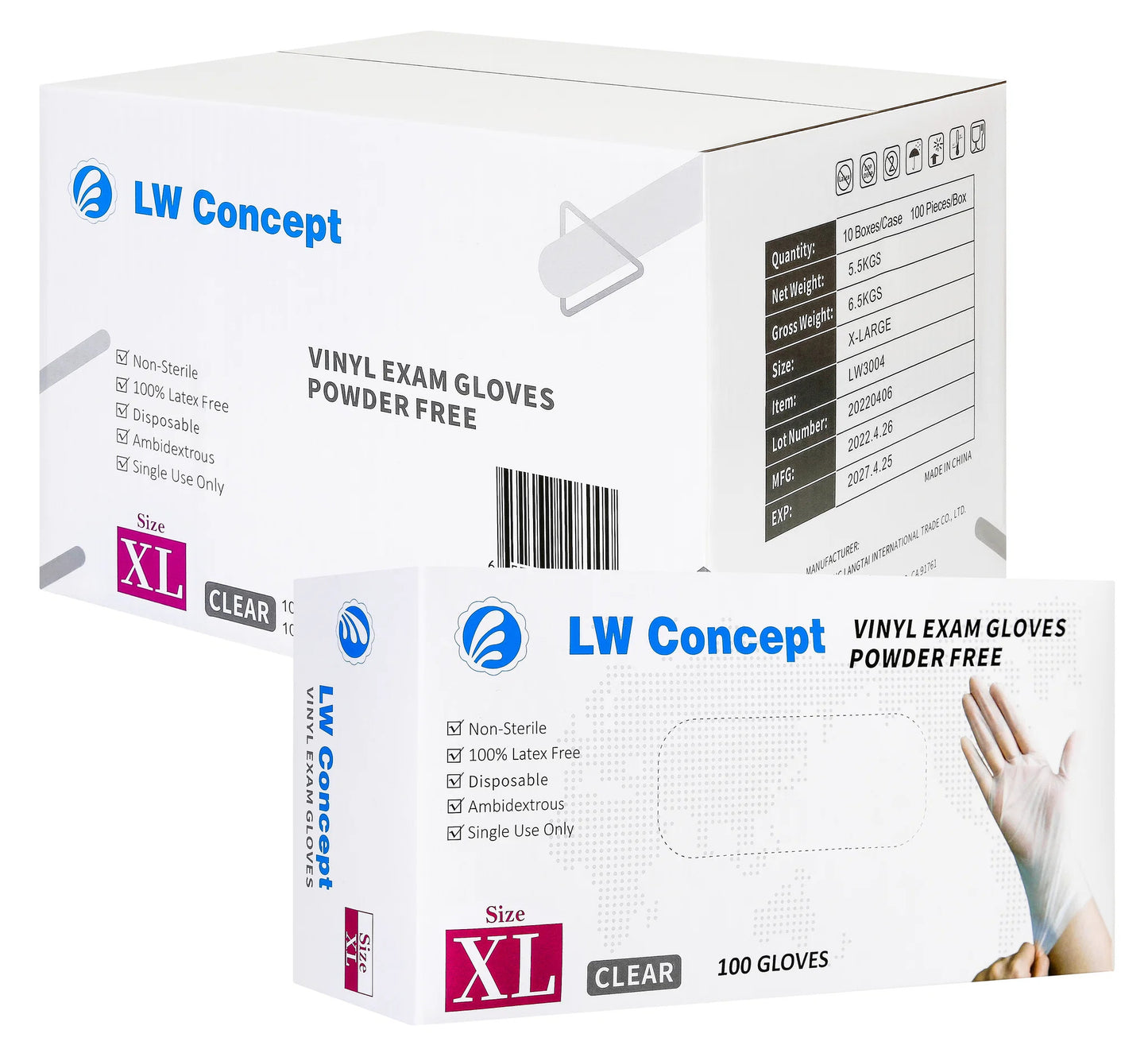 LW Clear Vinyl Exam Gloves,100/Box(10/carton) - 1,000 GLOVES