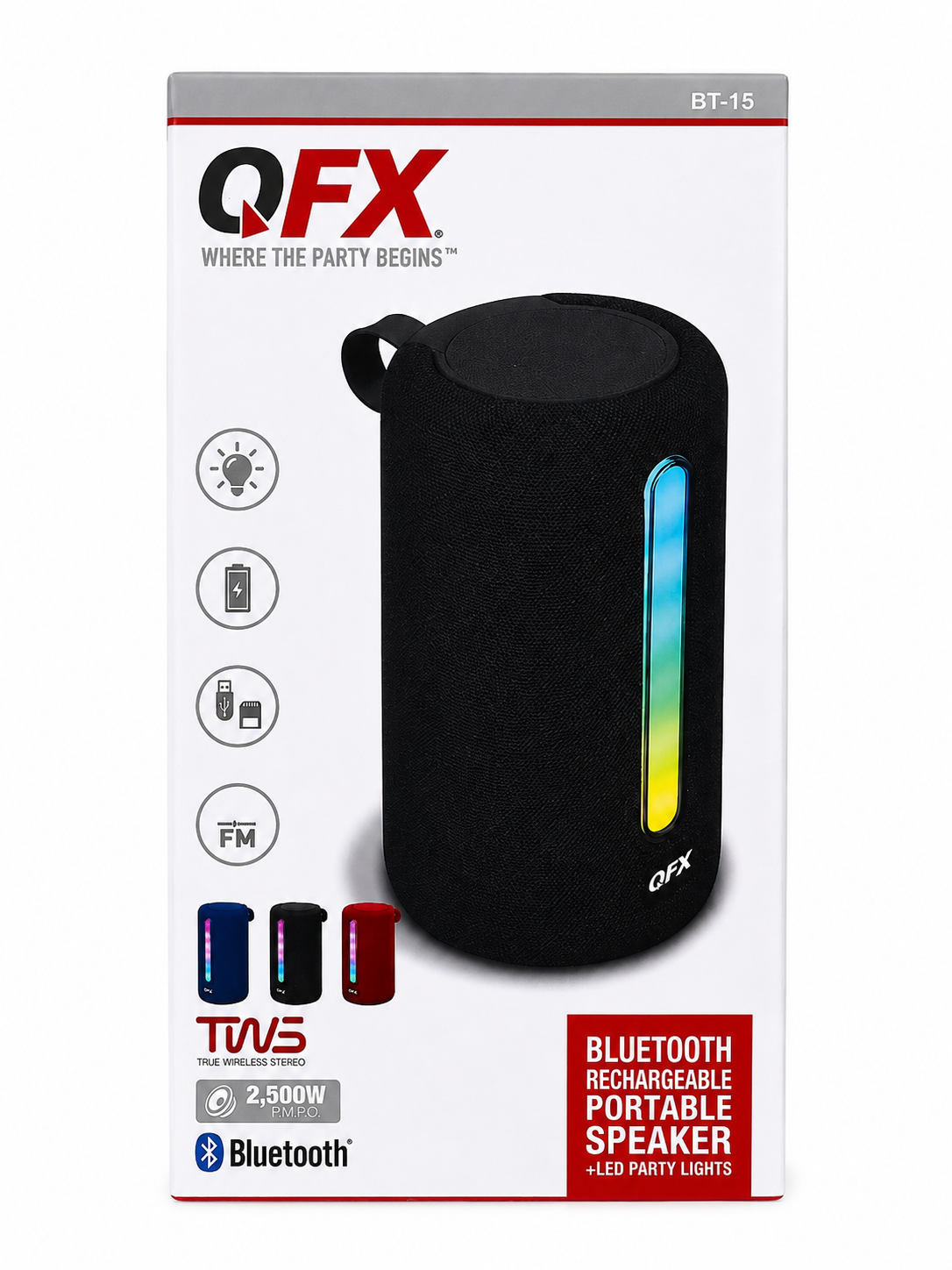 QFX BT-15 Bluetooth Rechargeable Portable Speaker with LED Party Lights