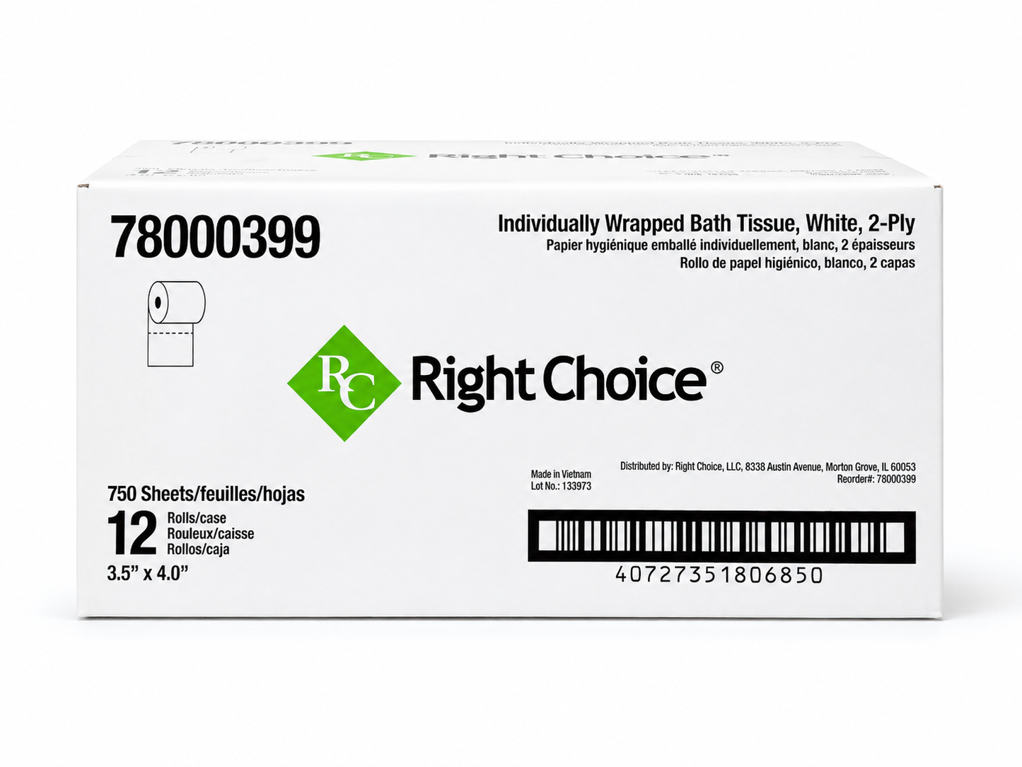 Right Choice 2-Ply Bath Tissue – 750 Sheets, 12 Rolls/Case