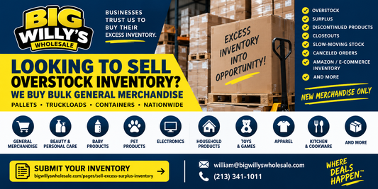 Big Willy’s Wholesale buys new surplus inventory, excess merchandise, overstock, discontinued products, closeouts and other bulk general merchandise nationwide.