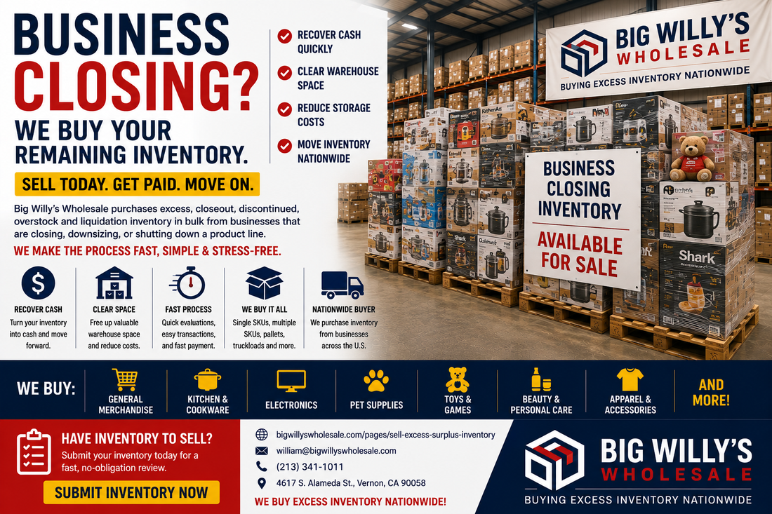 Big Willy's Wholesale excess inventory buyer purchasing pallets, overstock, surplus and closeout merchandise from businesses nationwide.