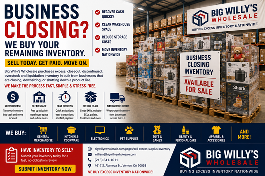 Big Willy's Wholesale excess inventory buyer purchasing pallets, overstock, surplus and closeout merchandise from businesses nationwide.