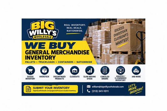 Big Willy’s Wholesale general merchandise closeout buyer purchasing new excess inventory, overstock, surplus, discontinued products and bulk merchandise nationwide.