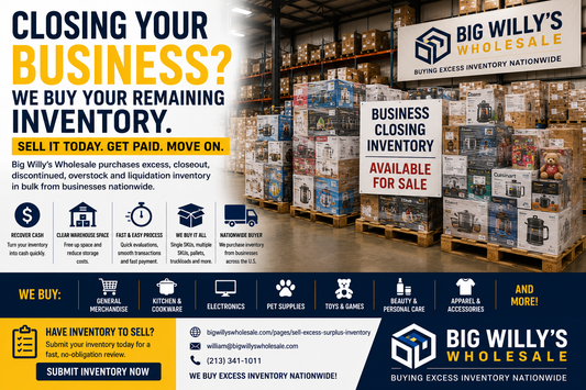 Pallets of remaining merchandise in a closing warehouse available for bulk purchase by Big Willy's Wholesale.