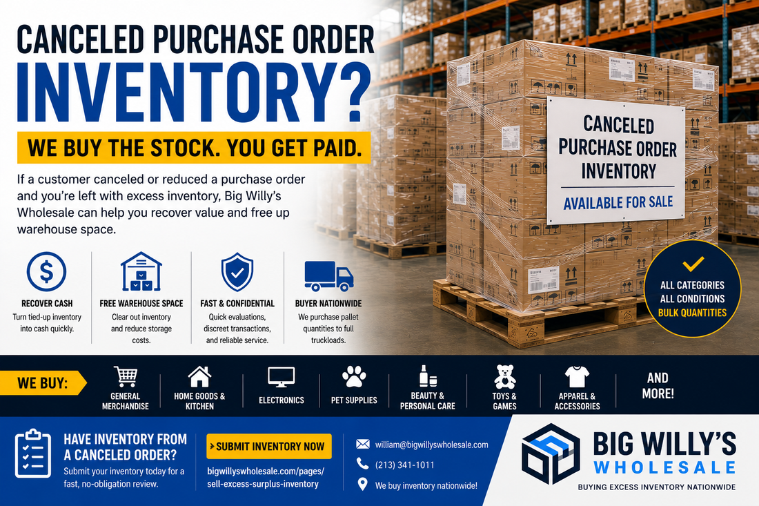 Pallets of new merchandise from a canceled purchase order stored in a warehouse and available for bulk sale to an inventory buyer.