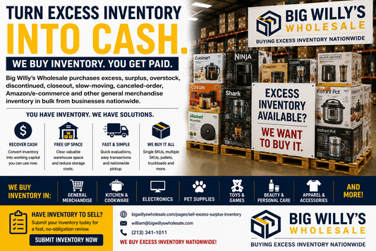 Big Willy's Wholesale purchasing excess inventory from manufacturers and brands changing distributors, warehouses or sales channels.