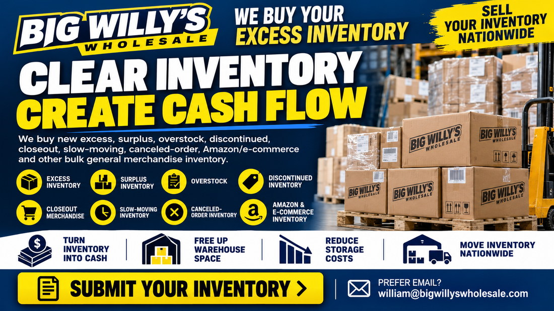 Big Willy’s Wholesale buying new excess inventory, surplus, overstock, discontinued, closeout and bulk general merchandise from sellers nationwide.