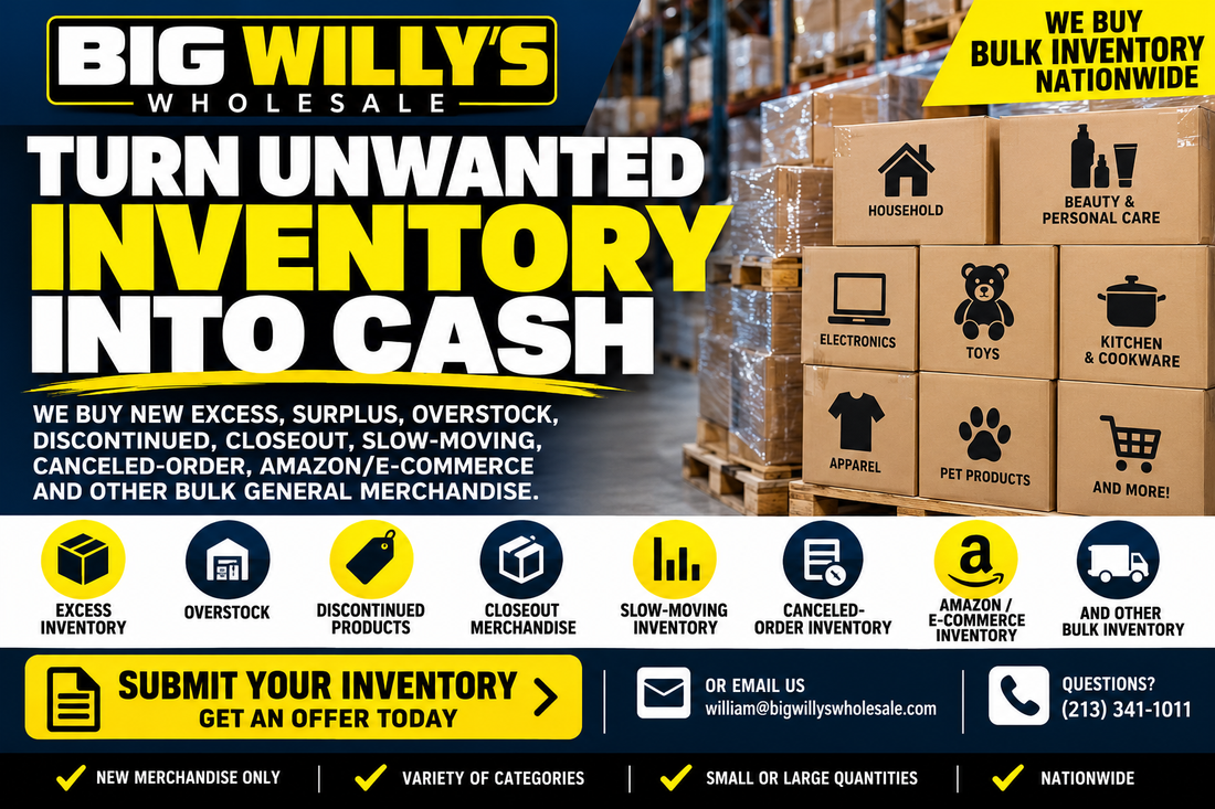 Big Willy’s Wholesale buying new excess inventory, surplus, overstock, discontinued, closeout and bulk general merchandise from sellers nationwide.