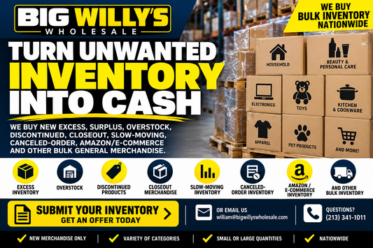 Big Willy’s Wholesale buying new excess inventory, surplus, overstock, discontinued, closeout and bulk general merchandise from sellers nationwide.
