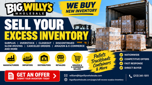 Big Willy’s Wholesale closeout inventory buyers purchasing new surplus, overstock, discontinued and bulk general merchandise from sellers nationwide.