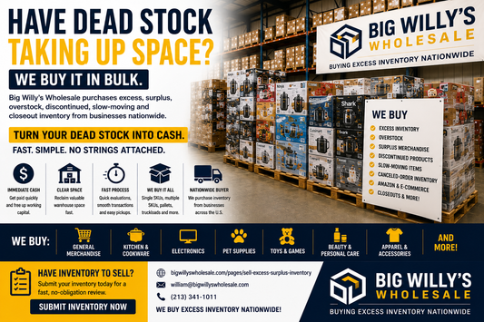 Big Willy's Wholesale purchasing dead stock, unsold merchandise, discontinued products and slow-moving inventory in pallets and truckloads nationwide.