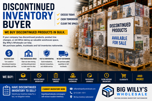 Pallets of discontinued consumer products in a warehouse available for bulk purchase by Big Willy's Wholesale.