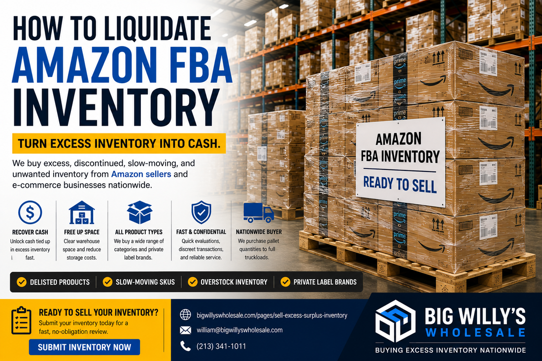 Pallets of excess Amazon FBA and private-label inventory in a warehouse ready to be sold in bulk to an inventory buyer.