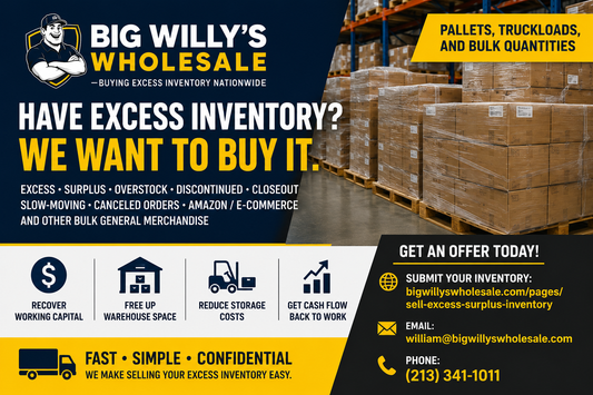 Big Willy's Wholesale purchasing excess and overstock inventory from manufacturers, brands and distributors after a major customer stops ordering.