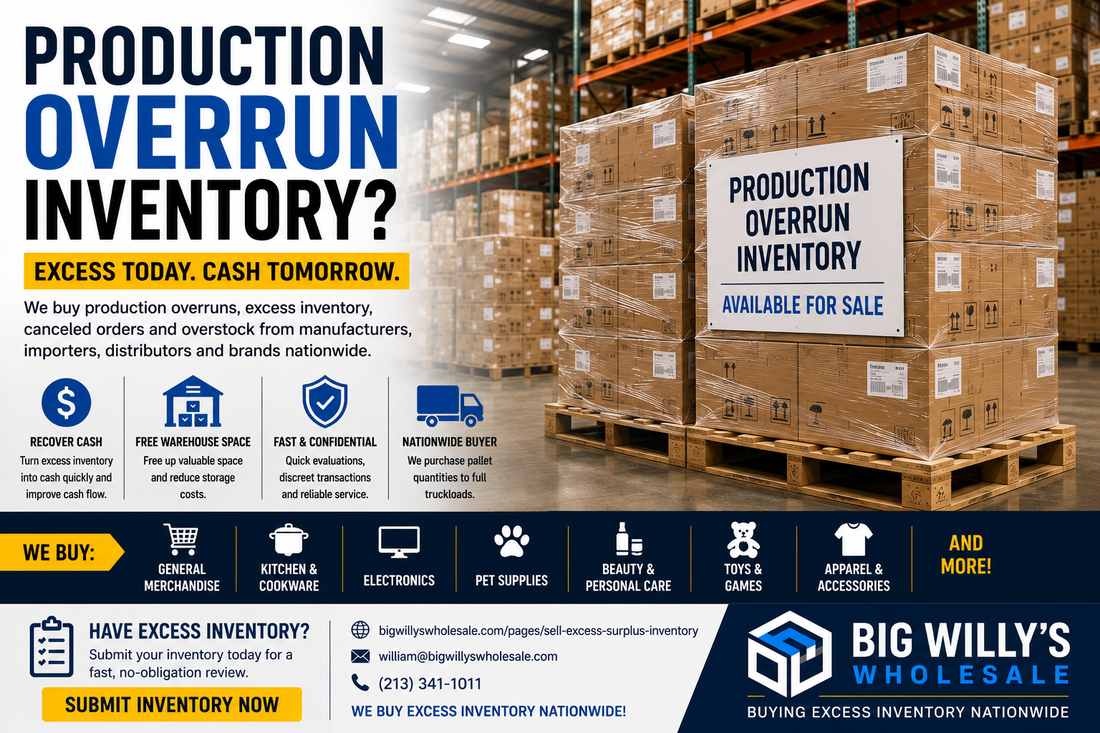 Pallets of brand-new production overrun inventory in a warehouse available for bulk purchase by Big Willy's Wholesale.