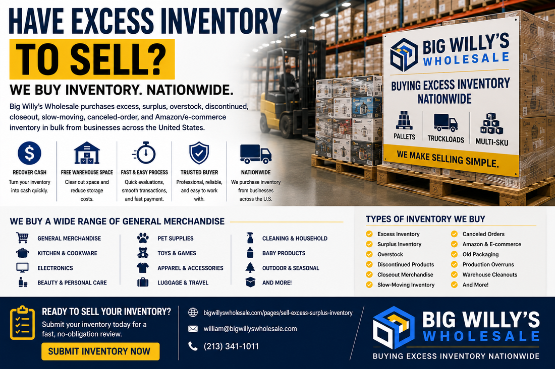 Big Willy's Wholesale purchasing excess inventory remaining after retailer and customer programs end, including pallets and truckloads nationwide.