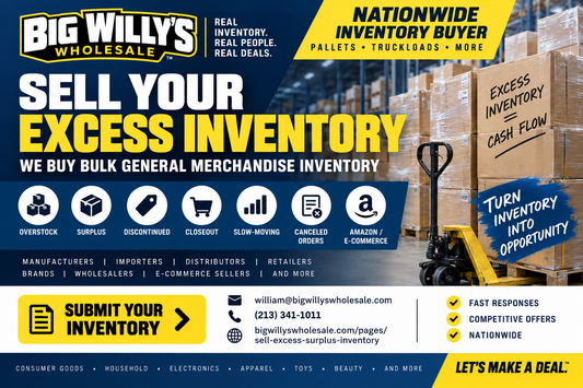 Big Willy's Wholesale buying canceled-order, excess, surplus and overstock inventory in pallets and truckloads from manufacturers, importers and distributors nationwide.