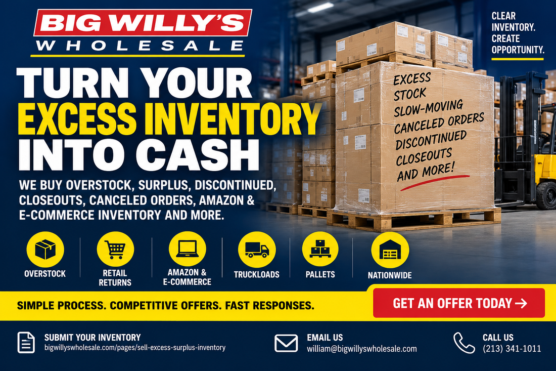 Big Willy’s Wholesale buying canceled-order inventory, excess stock, overstock, surplus and closeout merchandise by the pallet and truckload nationwide.