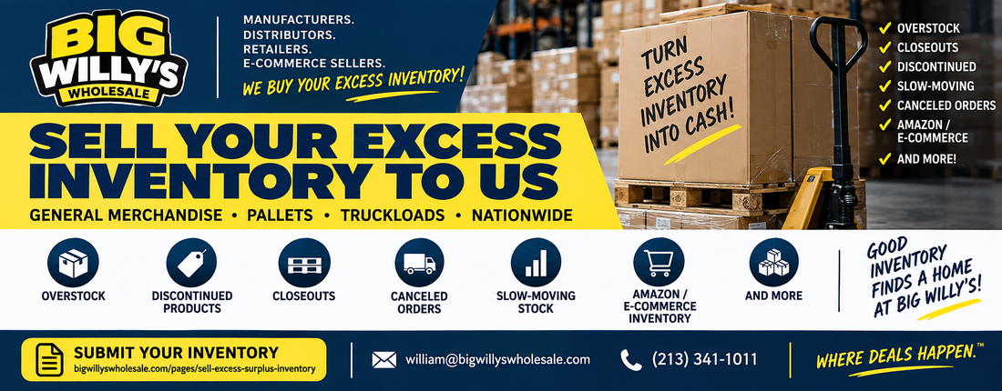 Big Willy’s Wholesale buys new canceled-order inventory, excess merchandise, overstock, closeouts and other bulk general merchandise nationwide.