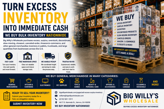 Big Willy's Wholesale buying excess, surplus and overstock inventory in pallets and truckloads to help businesses recover working capital.
