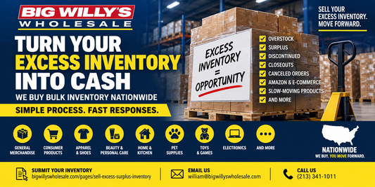 Big Willy’s Wholesale buying excess, surplus, overstock, discontinued and closeout inventory by the pallet and truckload nationwide.