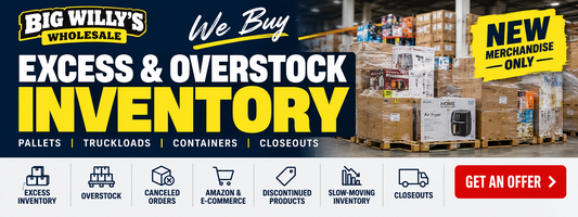 Big Willy’s Wholesale buys new overstock and excess general merchandise by the pallet, truckload and container from businesses nationwide.