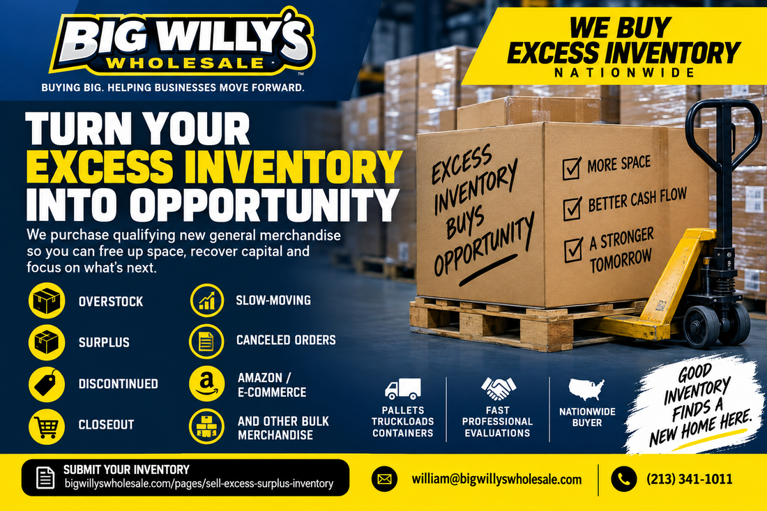 Big Willy’s Wholesale buying new slow-moving inventory, excess stock, overstock, surplus, discontinued and closeout merchandise from businesses nationwide.