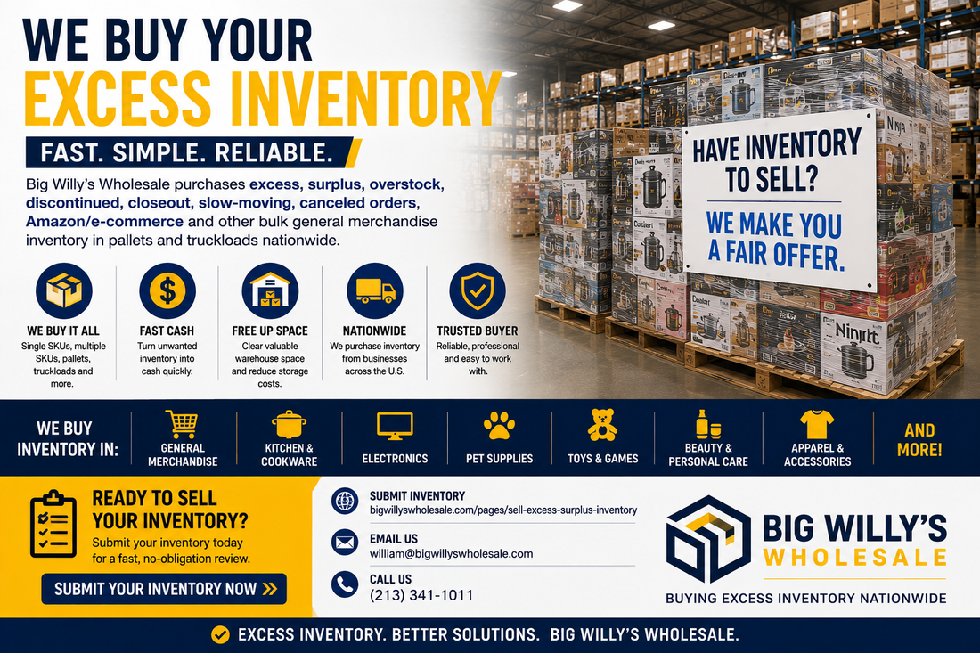 Big Willy's Wholesale buying pallets and truckloads of slow-moving, excess and overstock inventory from businesses nationwide.
