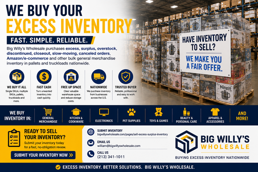 Big Willy's Wholesale buying pallets and truckloads of slow-moving, excess and overstock inventory from businesses nationwide.