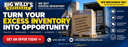 Big Willy’s Wholesale buys new slow-moving inventory, excess stock, overstock, discontinued products, closeouts and bulk general merchandise nationwide.