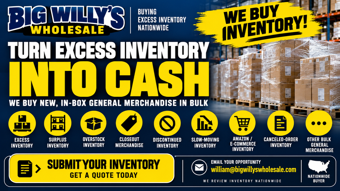 Big Willy’s Wholesale buying new excess, surplus, overstock, closeout, discontinued and bulk general merchandise from sellers nationwide.