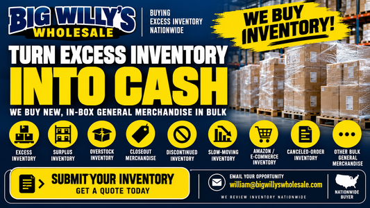 Big Willy’s Wholesale buying new excess, surplus, overstock, closeout, discontinued and bulk general merchandise from sellers nationwide.