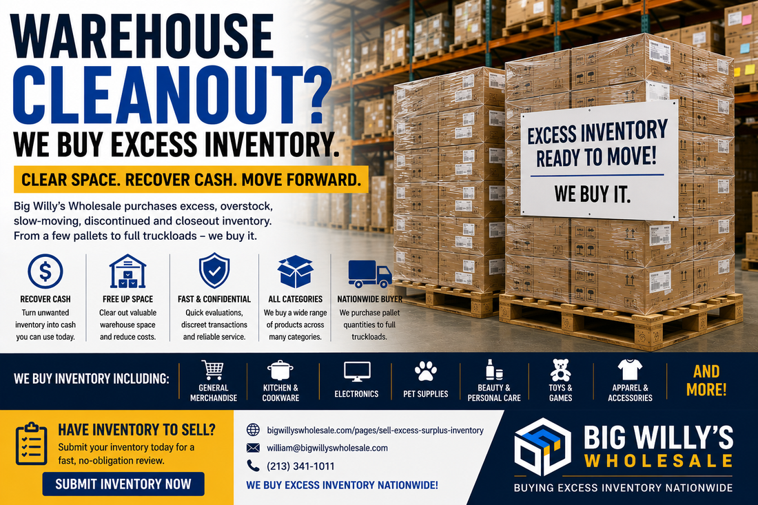Pallets of excess and slow-moving merchandise being cleared from a warehouse for bulk sale to Big Willy's Wholesale.