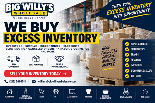 Big Willy’s Wholesale buying new excess inventory, overstock, surplus, discontinued, closeout and e-commerce merchandise from businesses nationwide.