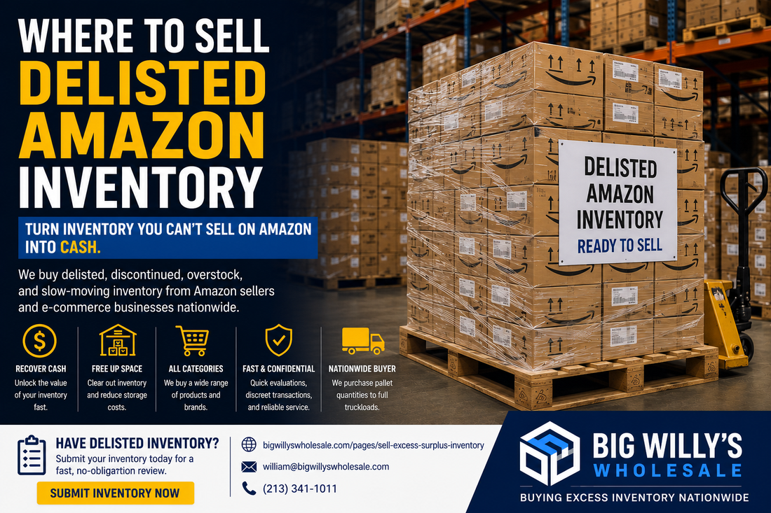 Pallets of delisted Amazon seller inventory stored in a warehouse and available for bulk sale to an inventory buyer.