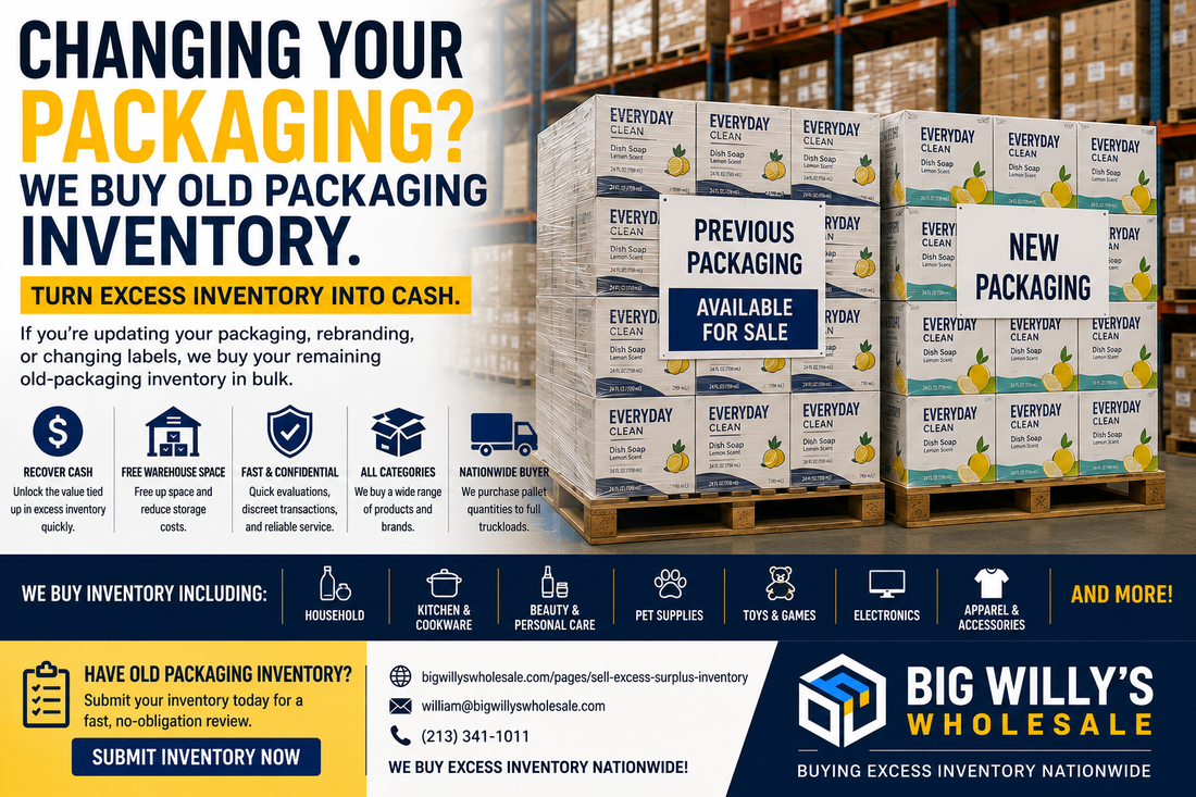 Pallets of products with previous packaging stored in a warehouse after a brand packaging redesign and available for bulk sale.