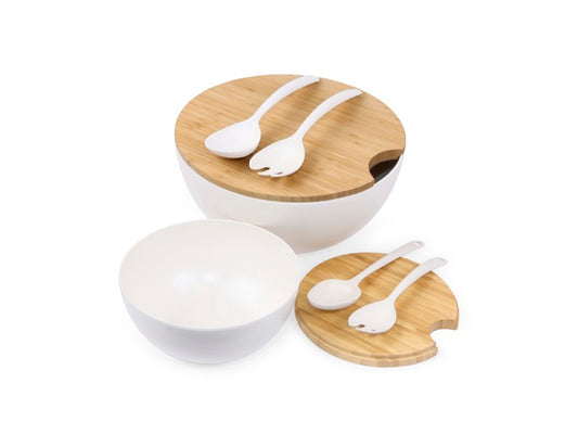 11.5" Extra Large Salad and 8" Serving Bowl with Wooden Lid and Servers, 8 pc set, White