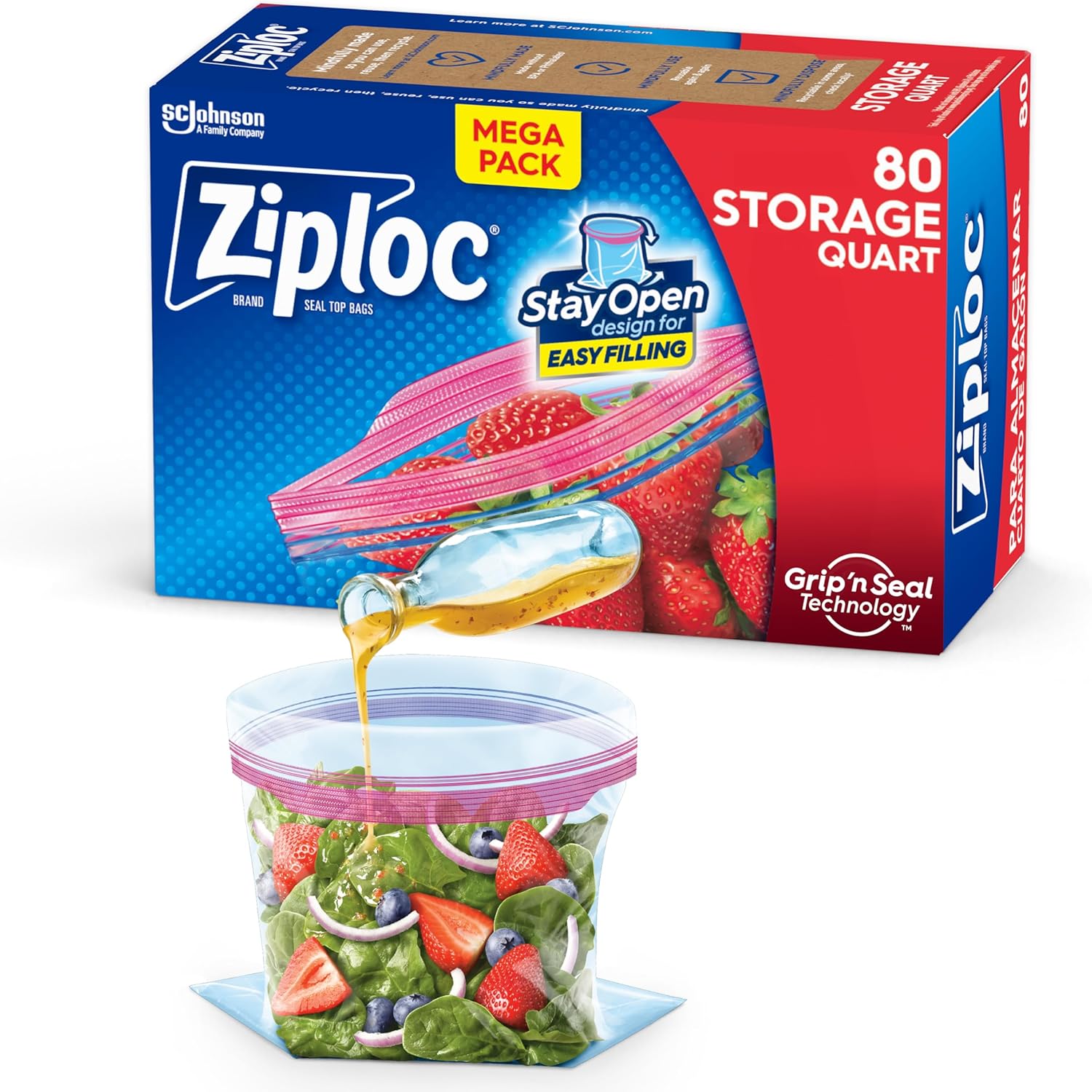 Ziploc storage bags packaging with a salad in a bag on a white background