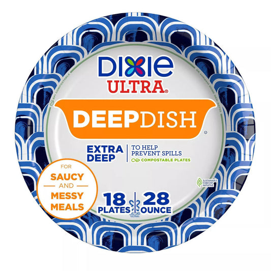 Dixie Ultra Deep Dish paper plate packaging with blue and white design