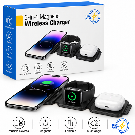 3-in-1 Magnetic Foldable Wireless Charger – 15W Fast Charging Station