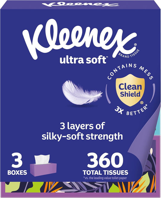 Kleenex Ultra Soft Facial Tissues, 3 Flat Boxes,3-Ply,  120 Tissues per Box, 3ct