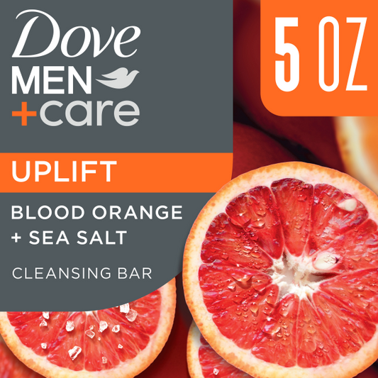 Dove Men+Care Uplift Blood Orange + Sea Salt cleansing bar packaging with blood orange slices.