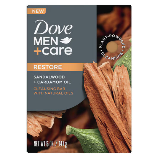 Dove Men+Care sandalwood and cardamom oil cleansing bar packaging with sandalwood sticks and cardamom plant.
