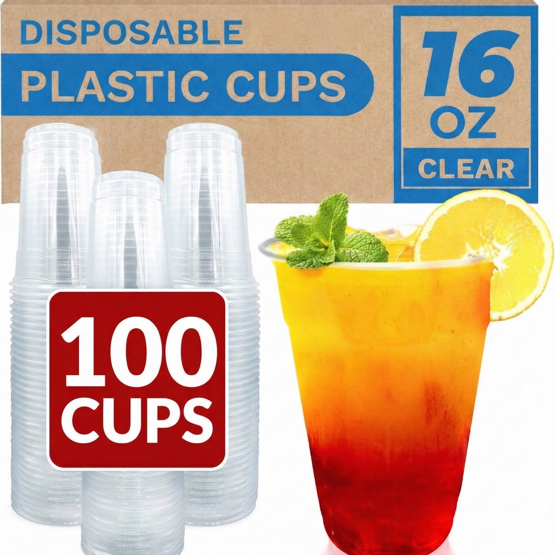 Disposable plastic cups with a box labeled '16 oz Clear' and a glass of a colorful drink.