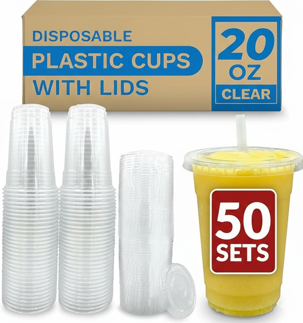 Disposable plastic cups with lids in clear color, 20 oz, 50 sets, on a white background.